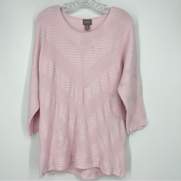 Chico's Light Pink Scoop Neck Ribbed 3/4 Sleeve High-Low Sweater Size 2 - Picture 1 of 4